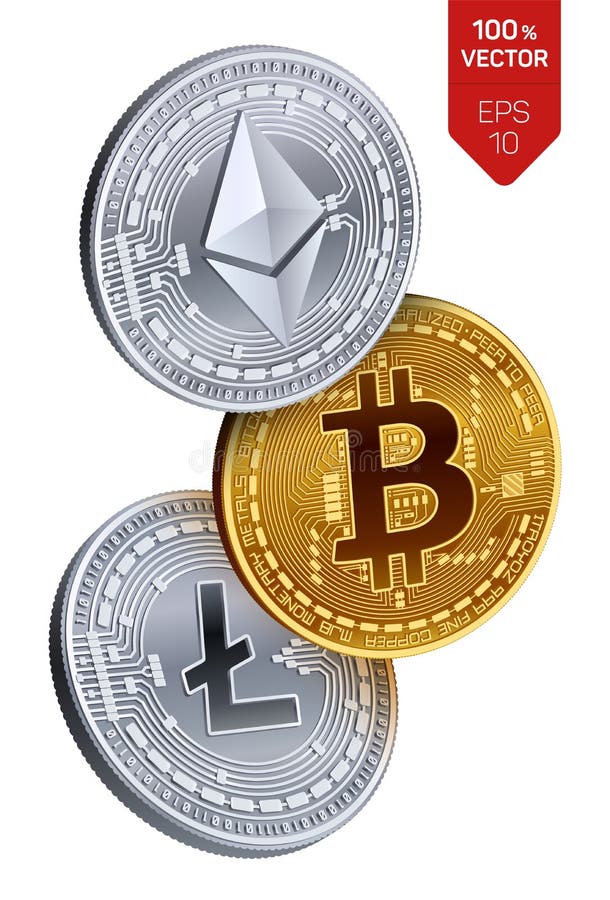 Bitcoin Ethereum Litecoin monete fisiche isometriche 3D Valuta di Digital Cryptocurrency Monete d'argento e dorate con illustrazione di stock
