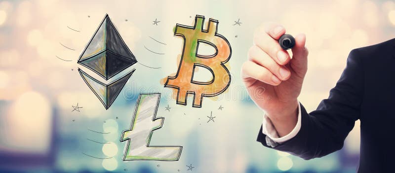 Bitcoin, Ethereum y Litecoin con el hombre de negocios fotografía de archivo libre de regalías