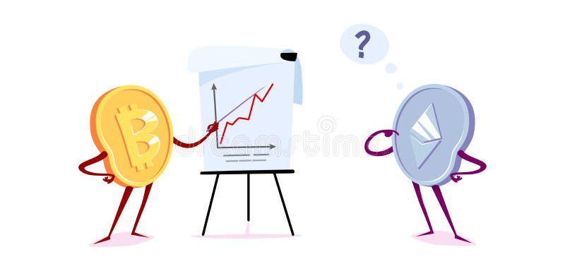 Bitcoin and etherum with a flipchart. Vector cartoon illustration on a white background.