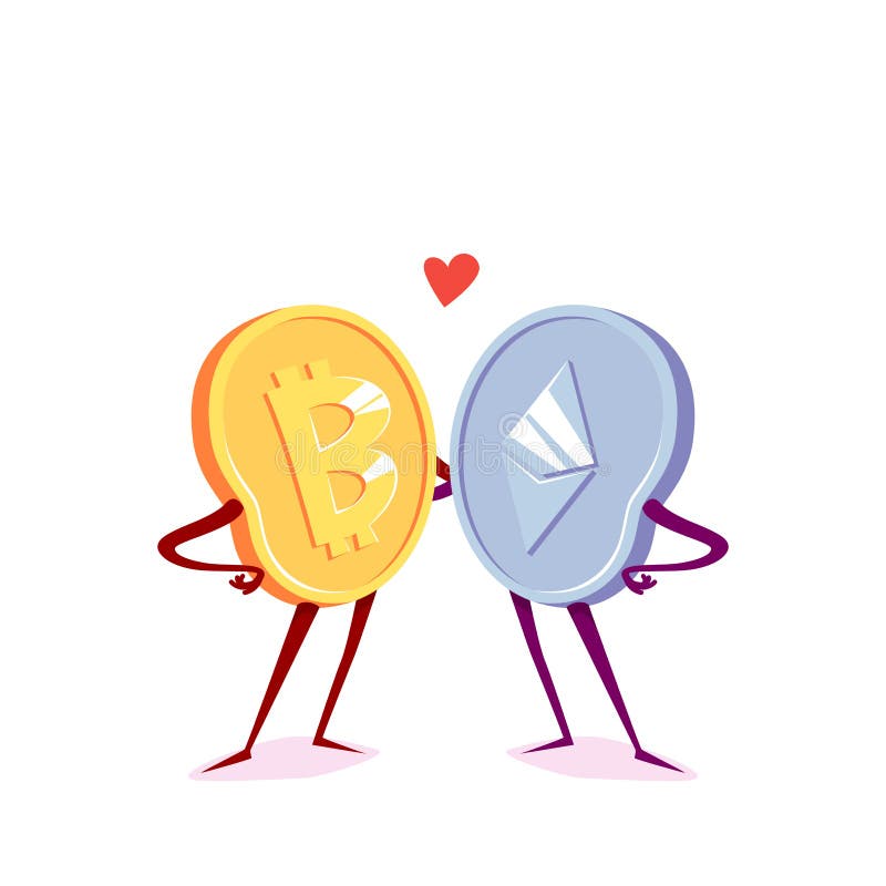 Bitcoin and etherum are friends. Vector cartoon illustration on a white background.