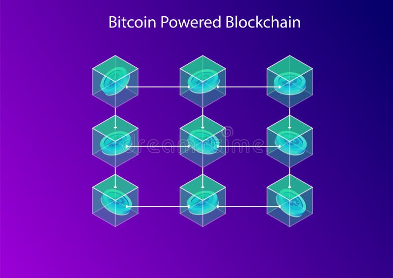 Bitcoin-gestütztes Blockchain-Konzept 3d isometrische Vektorgrafik verbundener Blöcke und Kryptowährung vektor abbildung