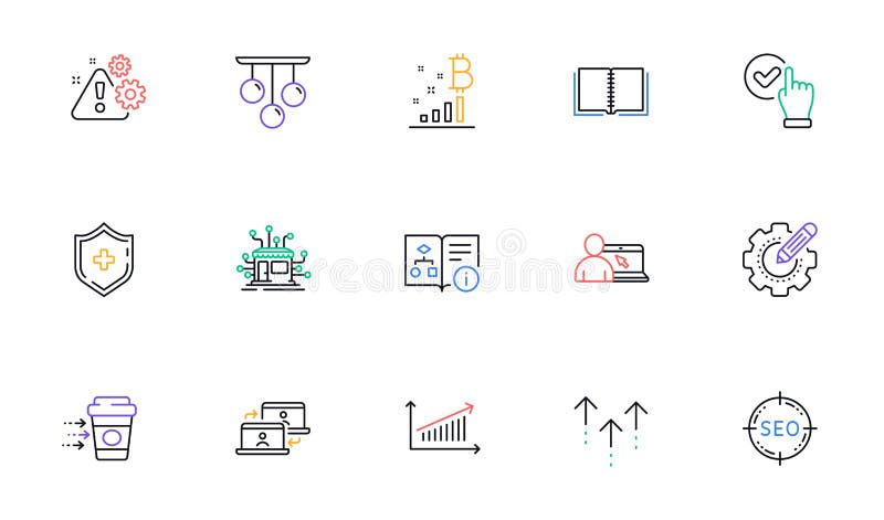 Bitcoin graph, Checkbox and Settings gear line icons for website, printing. For design. Vector royalty free illustration