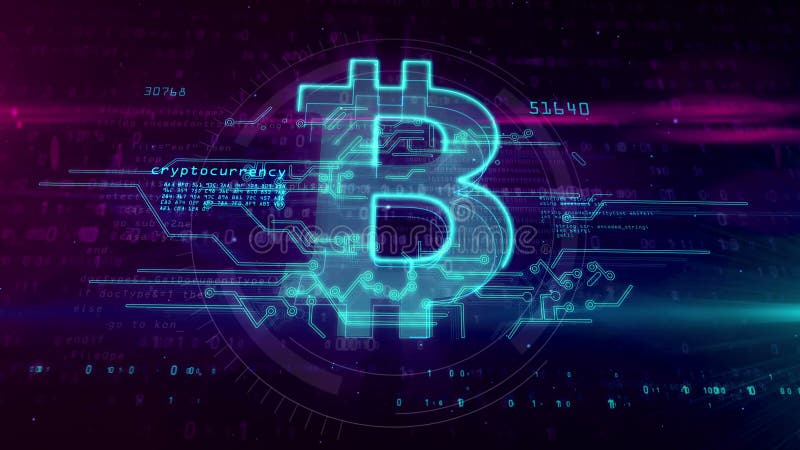 Bitcoin-Hologrammsymbol auf Cyberhintergrund stock abbildung