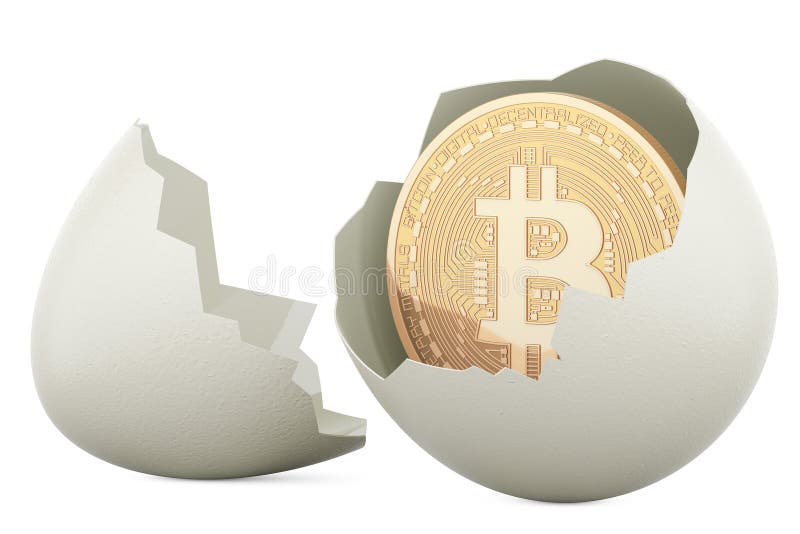 Bitcoin în interiorul ouă sparte de pui 3d, făcând izolat pe fond alb