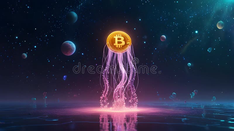 Bitcoin Jellyfish Floating in a Starry Space stock illustration