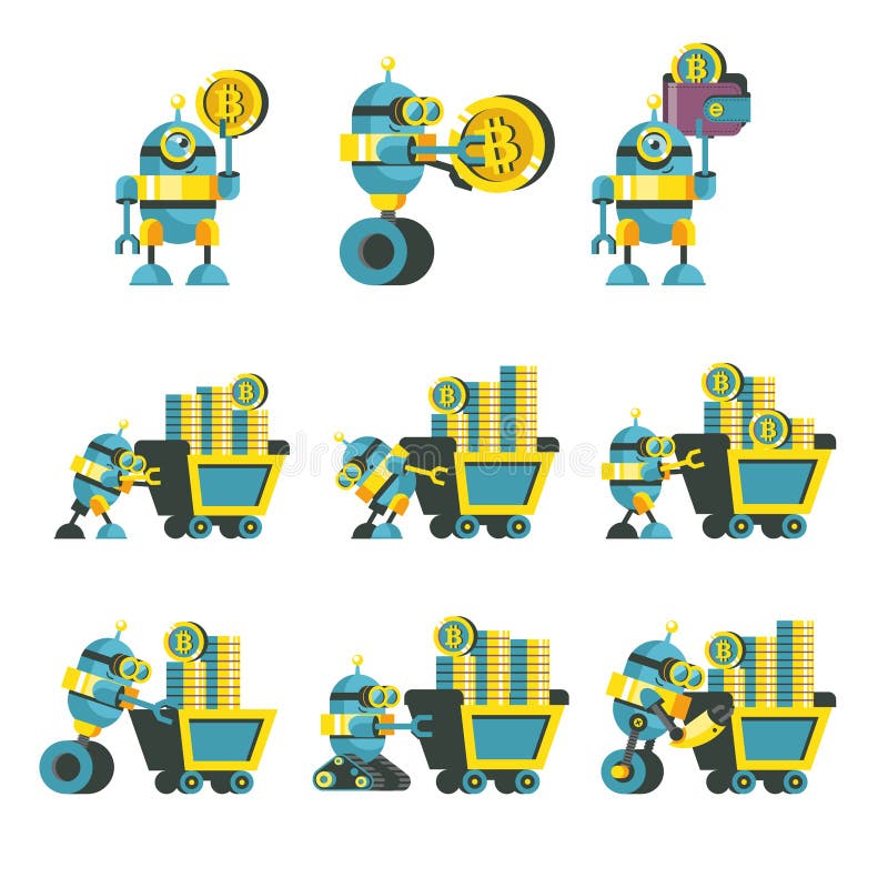 Bitcoin kopalnictwo Śliczny robot produkuje bitcoins Wektorowy Illustratio ilustracja wektor Bitcoin kopalnictwo Śliczny robot produkuje bitcoins Wektorowy Illustratio ilustracja wektor