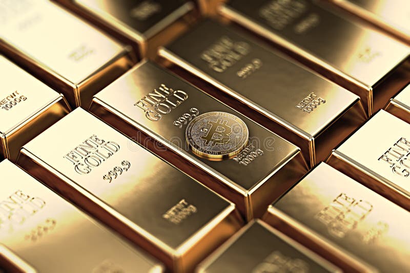 Bitcoin laying on stacked gold bars gold ingots rendered with shallow depth of field. Bitcoin as desirable as gold concept. 3D rendering. Bitcoin laying on stacked gold bars gold ingots rendered with shallow depth of field. Bitcoin as desirable as gold concept. 3D rendering