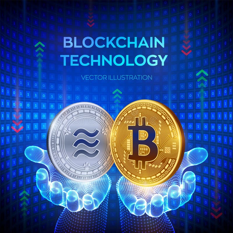 Bitcoin Libra Blockchain moeda f?sica do bocado 3D Conceito da corrente de bloco Moedas douradas e de prata com símbolo do bitcoi