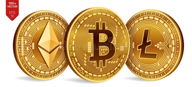 Bitcoin Litecoin Ethereum monete fisiche isometriche 3D Valuta di Digital Cryptocurrency Monete dorate con bitcoin, litecoin illustrazione di stock