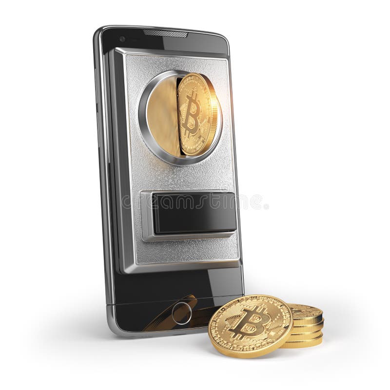 BItcoin mynt och mobiltelefon som isoleras på vit Lön vid bitcoin royaltyfri illustrationer