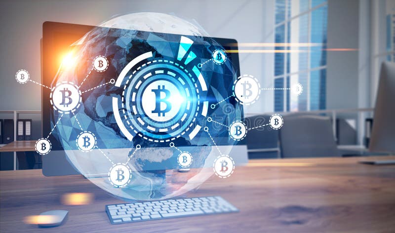 Bitcoin network, HUD, world map, computer, city royalty free stock photography