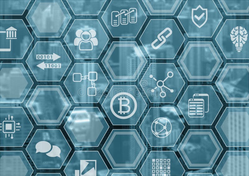 Bitcoin och blå och grå bakgrund för blockchain med suddig stadshorisont och polygonsamkopieringen vektor illustrationer