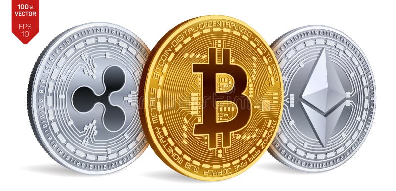 Bitcoin ondulation Ethereum pièces de monnaie 3D physiques isométriques Devise de Digital Cryptocurrency Illustration de vecteur