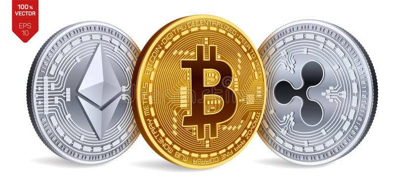 Bitcoin ondulazione Ethereum argento fisico isometrico 3D e monete dorate Valuta di Digital Cryptocurrency Illustrazione di vetto royalty illustrazione gratis