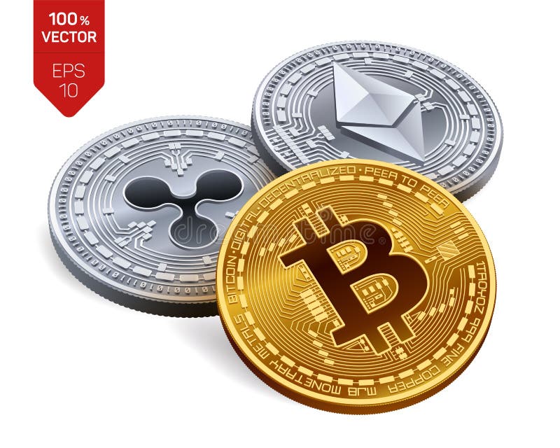Bitcoin ondulazione Ethereum monete fisiche isometriche 3D Valuta cripto Valuta di Digital Monete d'argento e dorate con bitcoin royalty illustrazione gratis