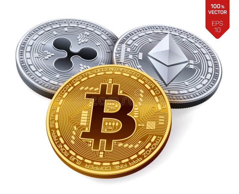 Bitcoin ondulazione Ethereum monete fisiche isometriche 3D Valuta cripto Valuta di Digital Monete d'argento e dorate con bitcoin illustrazione vettoriale