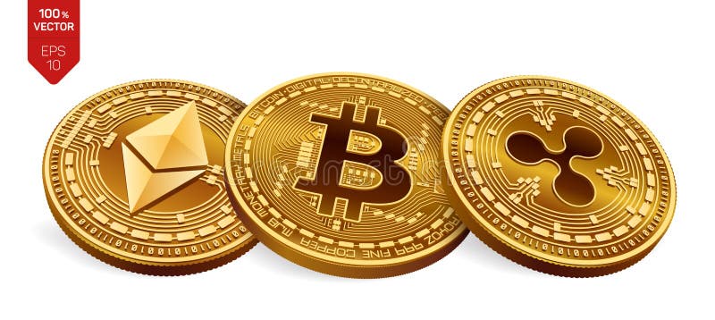 Bitcoin ondulazione Ethereum monete fisiche isometriche 3D Valuta di Digital Valuta cripto Monete dorate con bitcoin, l'ondulazio illustrazione di stock