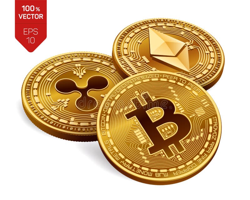 Bitcoin ondulazione Ethereum monete fisiche isometriche 3D Valuta di Digital Valuta cripto Monete dorate con bitcoin, l'ondulazio illustrazione vettoriale