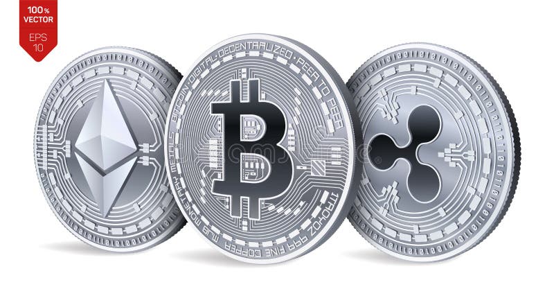 Bitcoin ondulazione Ethereum monete fisiche isometriche 3D Valuta di Digital Cryptocurrency Monete d'argento con bitcoin, ondulaz royalty illustrazione gratis