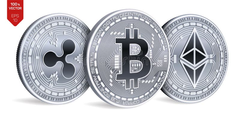 Bitcoin ondulazione Ethereum monete fisiche isometriche 3D Valuta di Digital Cryptocurrency Monete d'argento con bitcoin, ondulaz illustrazione vettoriale
