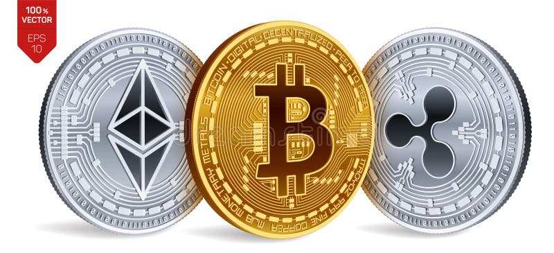 Bitcoin ondulazione Ethereum monete fisiche isometriche 3D Valuta di Digital Cryptocurrency Monete d'argento e dorate con bitcoin royalty illustrazione gratis