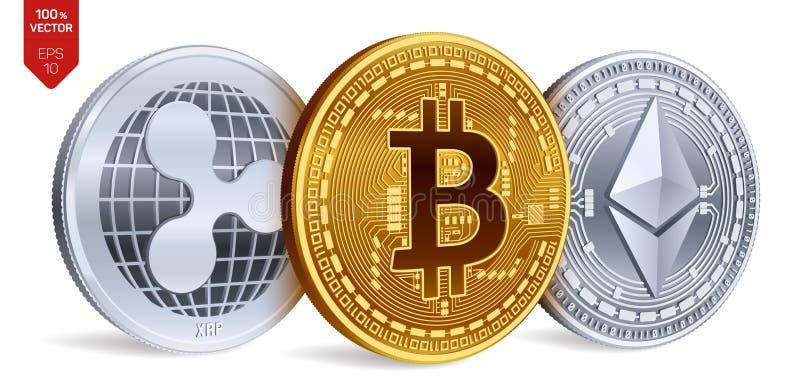 Bitcoin ondulazione Ethereum monete fisiche isometriche 3D Valuta di Digital Cryptocurrency Monete d'argento e dorate con bitcoin illustrazione vettoriale