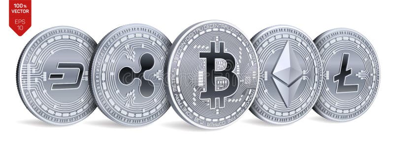 Bitcoin ondulazione Ethereum precipitare Litecoin monete fisiche isometriche 3D Valuta cripto Monete d'argento con bitcoin, ondul royalty illustrazione gratis