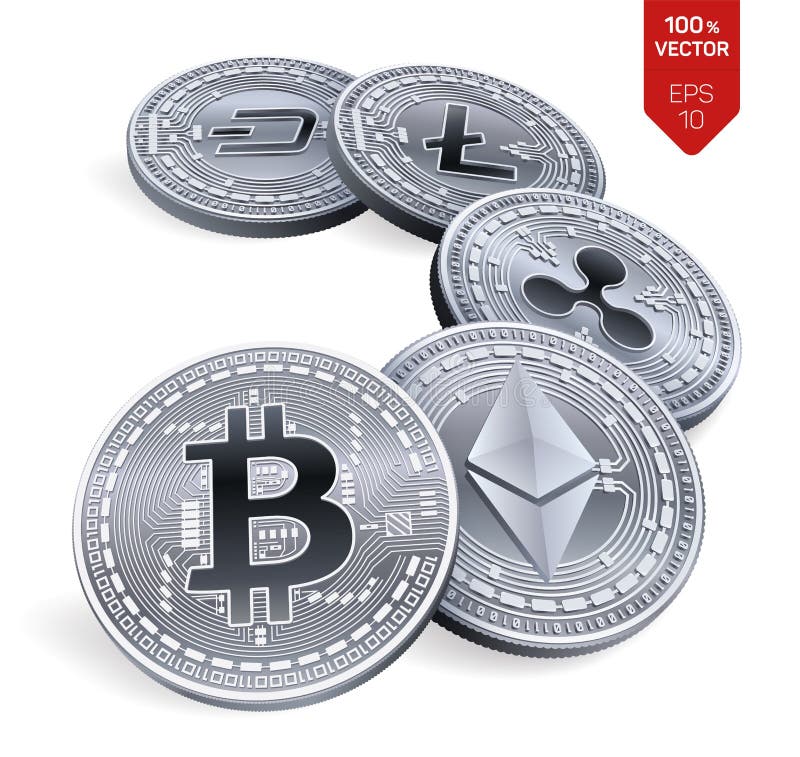 Bitcoin ondulazione Ethereum precipitare Litecoin monete fisiche isometriche 3D Valuta cripto Monete d'argento con bitcoin, ondul illustrazione vettoriale