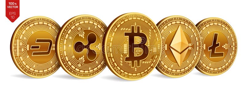 Bitcoin ondulazione Ethereum precipitare Litecoin monete fisiche isometriche 3D Valuta cripto Monete dorate con bitcoin illustrazione vettoriale