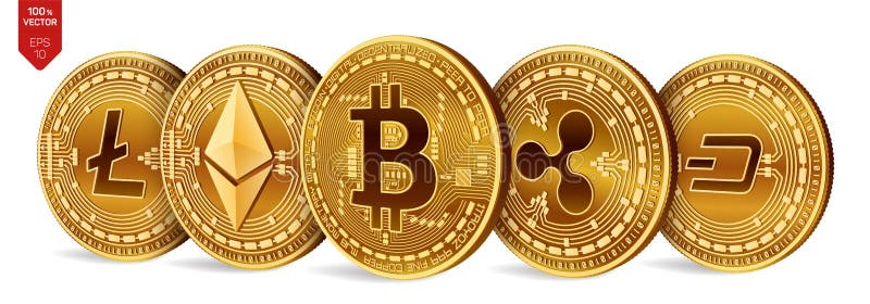 Bitcoin ondulazione Ethereum precipitare Litecoin monete fisiche isometriche 3D Valuta cripto Monete dorate con bitcoin, ondulazi royalty illustrazione gratis