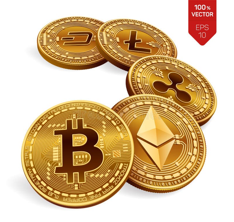 Bitcoin ondulazione Ethereum precipitare Litecoin monete fisiche isometriche 3D Valuta cripto Monete dorate con bitcoin, ondulazi royalty illustrazione gratis