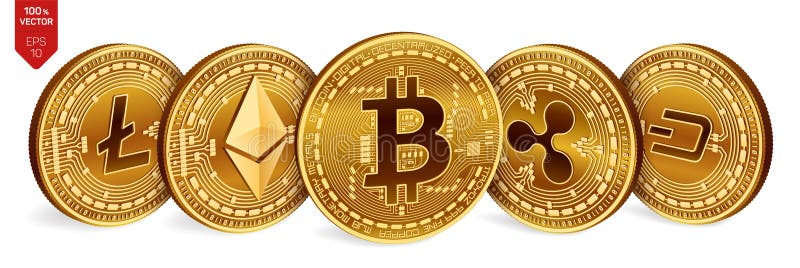 Bitcoin ondulazione Ethereum precipitare Litecoin monete fisiche isometriche 3D Valuta cripto Monete dorate con bitcoin, ondulazi royalty illustrazione gratis