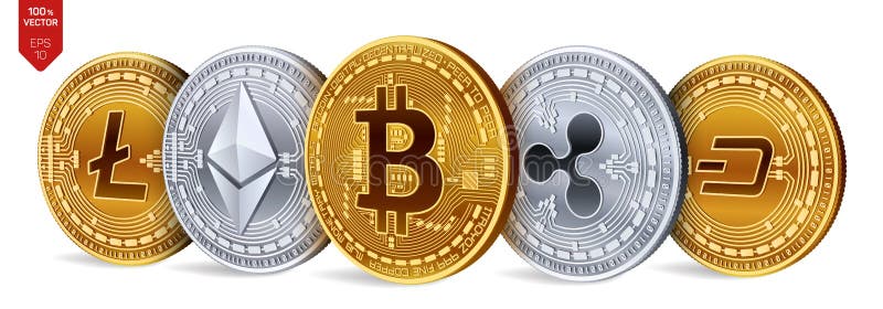 Bitcoin ondulazione Ethereum precipitare Litecoin monete fisiche isometriche 3D Valuta cripto Monete dorate e d'argento con illustrazione di stock