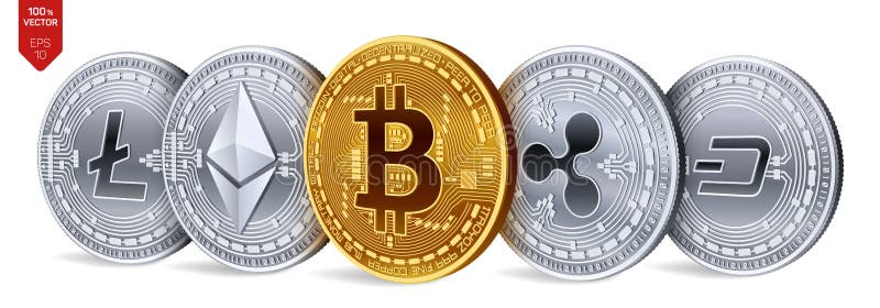 Bitcoin ondulazione Ethereum precipitare Litecoin monete fisiche isometriche 3D Valuta cripto Monete dorate e d'argento con illustrazione vettoriale