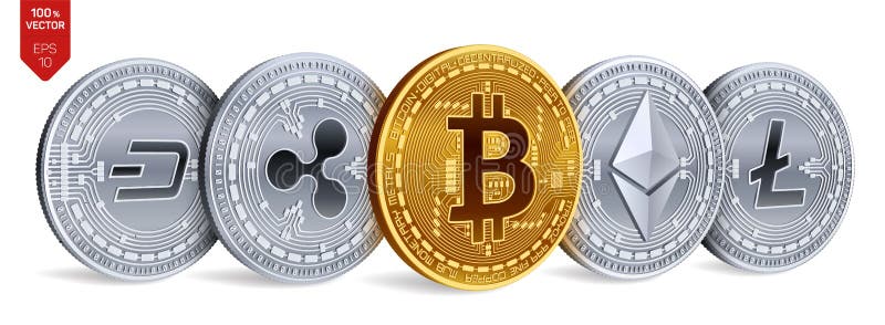 Bitcoin ondulazione Ethereum precipitare Litecoin monete fisiche isometriche 3D Valuta cripto Monete dorate e d'argento con bitco illustrazione vettoriale