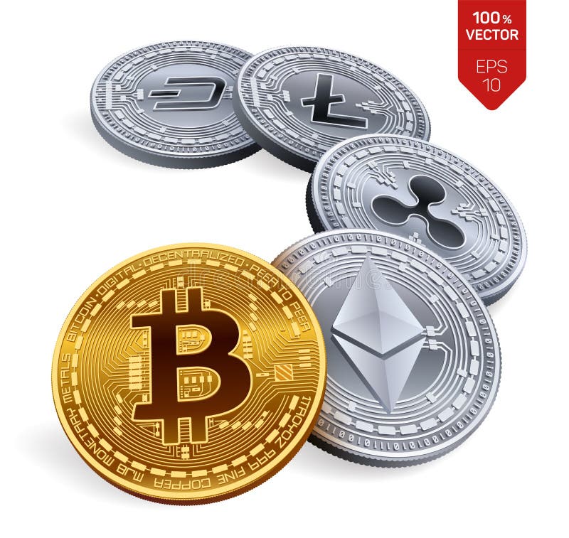 Bitcoin ondulazione Ethereum precipitare Litecoin monete fisiche isometriche 3D Valuta cripto Monete dorate e d'argento con bitco illustrazione vettoriale