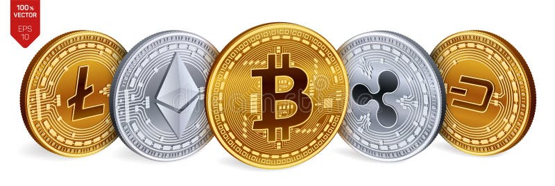 Bitcoin ondulazione Ethereum precipitare Litecoin monete fisiche isometriche 3D Valuta cripto Monete dorate e d'argento con bitco royalty illustrazione gratis