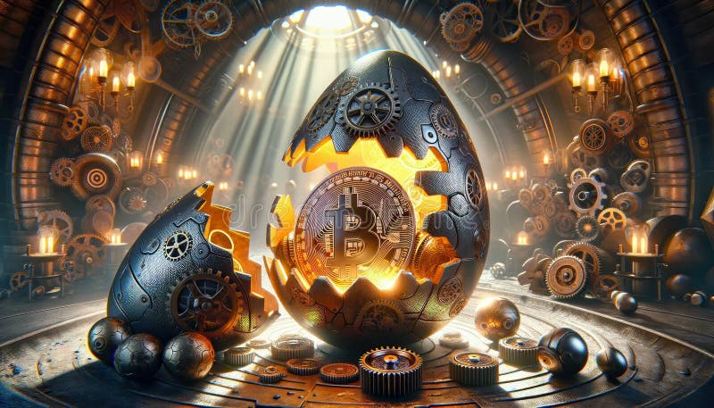 Bitcoin in Osterei in Titansteampunk Thema mit btc Symbol Finanzmarktkonzept digitale Währung Kryptogeburt stock abbildung