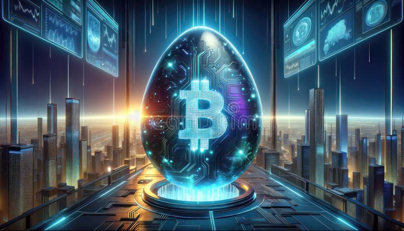 Bitcoin in Osterei in Titansteampunk Thema mit btc Symbol Finanzmarktkonzept digitale Währung Kryptogeburt.