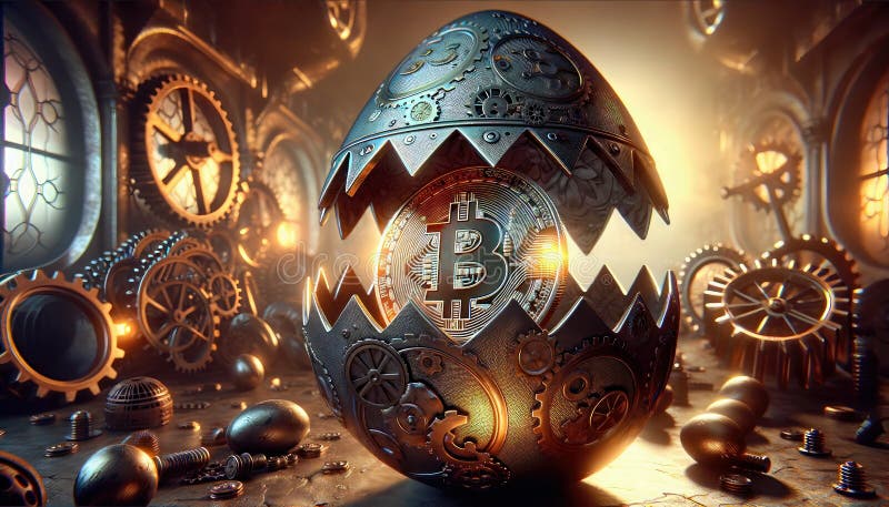 Bitcoin in Osterei in Titansteampunk Thema mit btc Symbol Finanzmarktkonzept digitale Währung Kryptogeburt stock abbildung