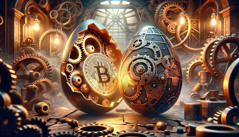 Bitcoin in Osterei in Titansteampunk Thema mit btc Symbol Finanzmarktkonzept digitale Währung Kryptogeburt lizenzfreie abbildung