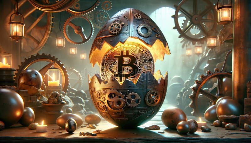Bitcoin in Osterei in Titansteampunk Thema mit btc Symbol Finanzmarktkonzept digitale Währung Kryptogeburt stock abbildung