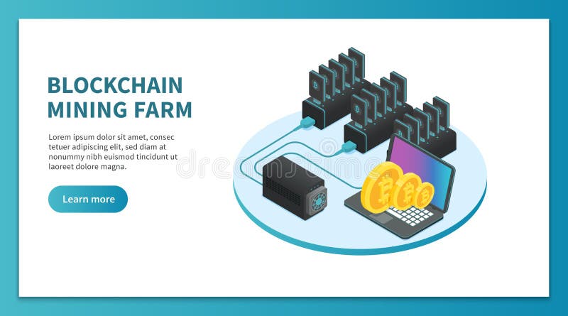 Bitcoin som bryter isometriskt begrepp Cryptocurrency som bryter lantgården, bitcoinmarknadsplatsplattform Crypto affärsvektor vektor illustrationer
