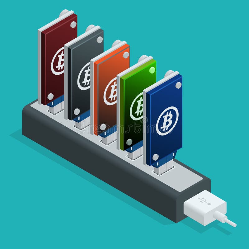 Bitcoin som i rad bryter USB apparater Plant isometry isometriskt online-bryta begrepp för bitcoin 3d Bitcoin som bryter utrustni royaltyfri illustrationer