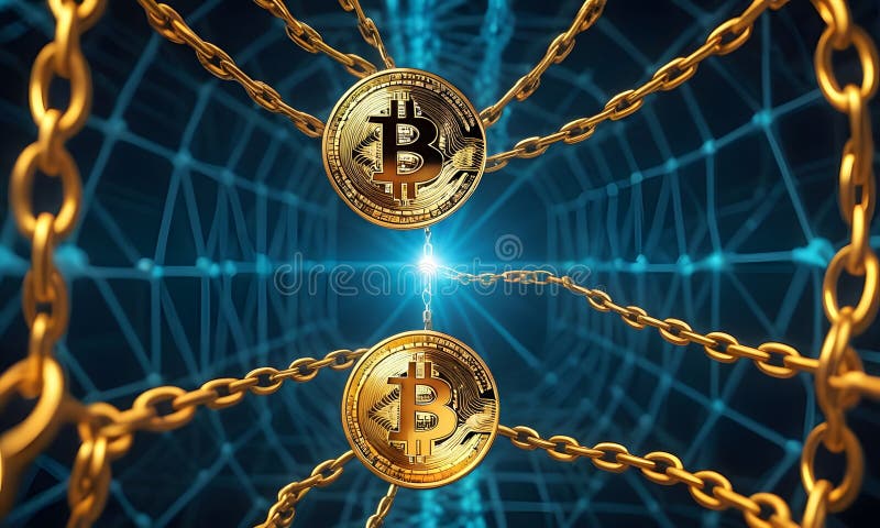 Bitcoin s Chain-Linked Transaction Flow AI Generative. A Bitcoin is suspended between chain links, highlighting the transaction flow within the blockchain network. The digital background suggests a seamless integration of technology and finance. AI Generative AI generated