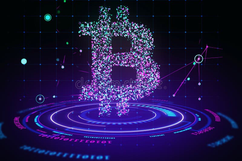 Bitcoin symbol made of digital particles with neon lights and futuristic data elements on a dark background. 3D Rendering stock illustration