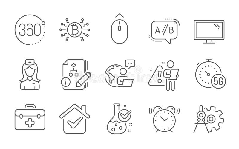 Bitcoin system, Monitor and Algorithm icons set. Chemistry lab, Hospital nurse and 5g internet signs. Vector royalty free illustration
