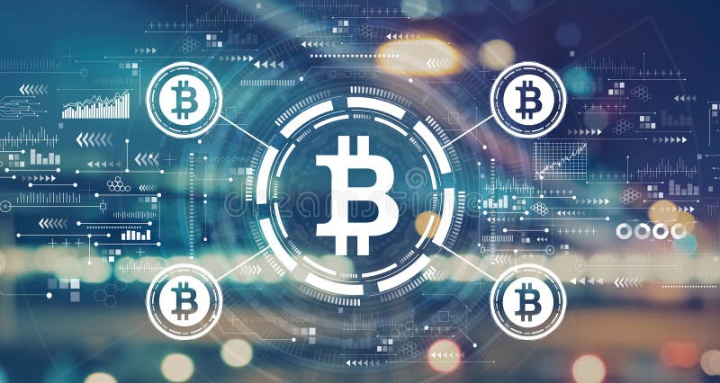 Bitcoin theme with blurred city lights stock images
