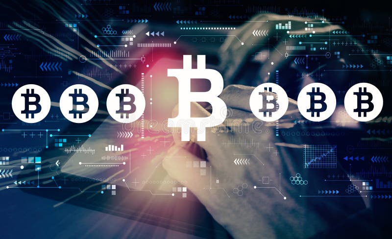 Bitcoin theme with man using tablet stock images