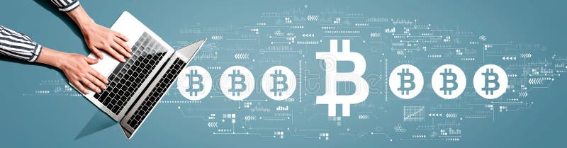 Bitcoin theme with person using laptop stock image